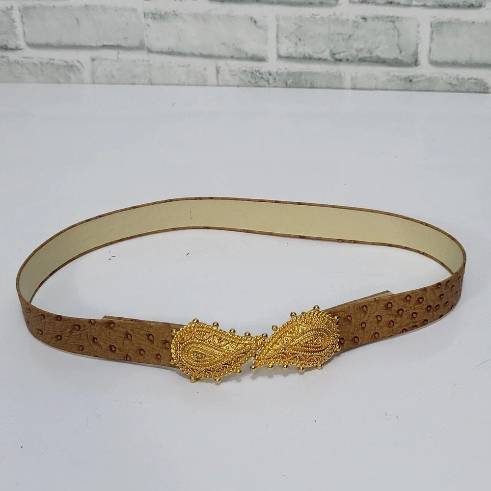 Vintage Mimi Di N 1991 Tan Ostrich‎ Embossed Belt Gold Paisley Buckle Womens